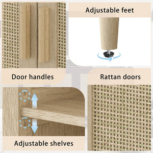 English Elm 70" Rattan Buffet Cabinet with Stylish Woven Doors, 4-Door Sideboard with Adjustable Shelves, Sturdy MDF Frame and Solid Wood Legs Natural W757P279742