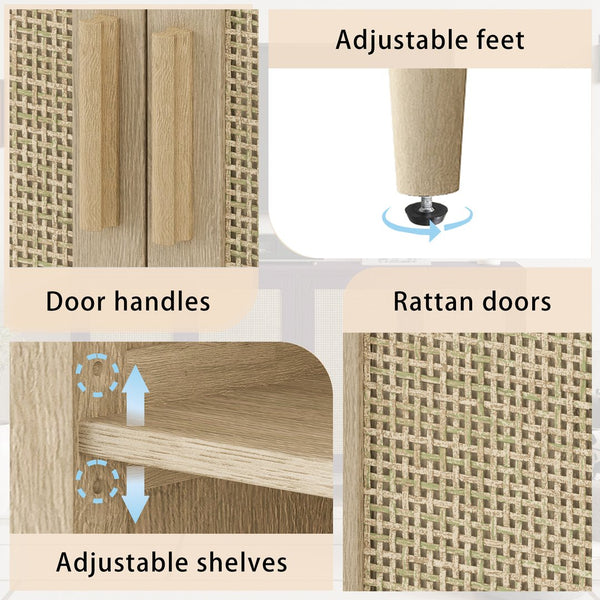 English Elm 70" Rattan Buffet Cabinet with Stylish Woven Doors, 4-Door Sideboard with Adjustable Shelves, Sturdy MDF Frame and Solid Wood Legs Natural W757P279742