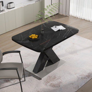 English Elm Modern Rectangle Dining Table - Stretchable Black Marble Top With X-Shape Mdf Legs & Metal Base W757P242762
