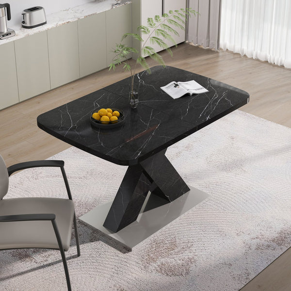 English Elm Modern Rectangle Dining Table - Stretchable Black Marble Top With X-Shape Mdf Legs & Metal Base W757P242762