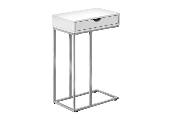 English Elm Accent C-shaped End Table with Sliding Base and Storage Drawer — Contemporary Metal Frame Design White 23 L x 17 W x 3 H B2710P219423