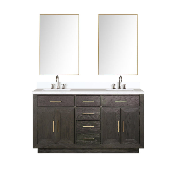 English Elm Brown Oak Double Bath Vanity With White Quartz Top, Chrome Faucets & Two Mirrors For Modern Style B2731S01794