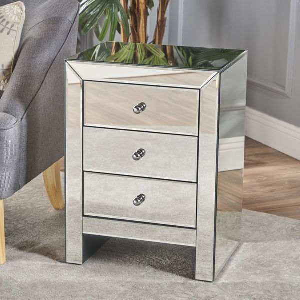English Elm Christopher Knight Home® - 17.70'' Mirrored Nightstand - Silver Glass 3-Drawer Accent Table, Compact Glam Bedside Storage, Smooth Metal Glides 60982.00