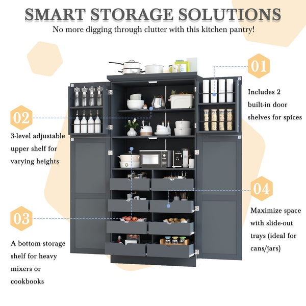 English Elm [assembly Included] Topmax Shaker Pantry Cabinet Tall Mdf Kitchen Storage with Pull-out Trays Gray SP000099AAE