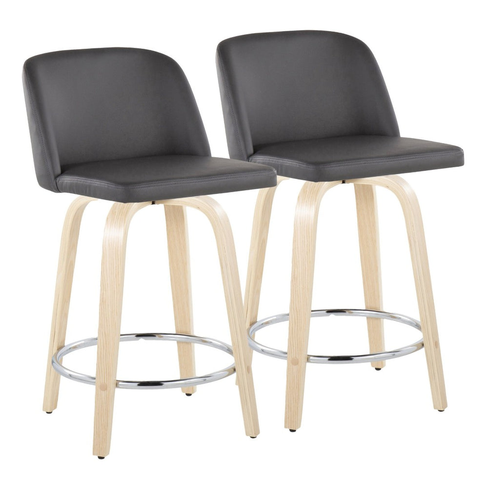 English Elm Fixed-height Swivel Counterstools Natural Wood Grey Faux Leather Chrome Footrest Pair B202S01768