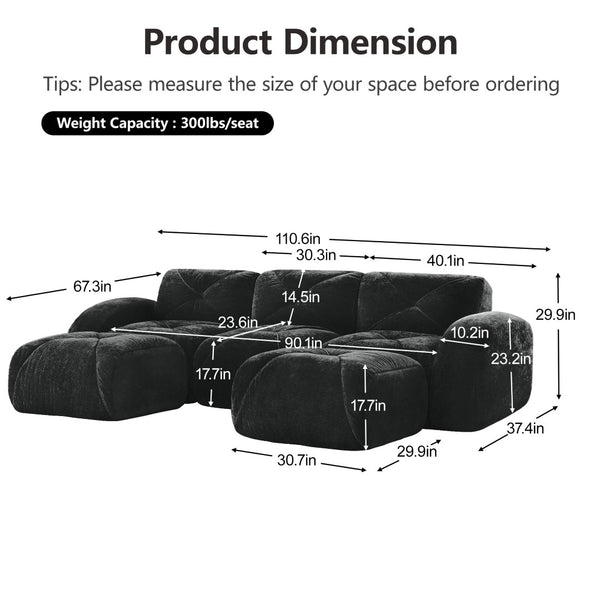English Elm U-shaped Modular Velvet Sofa Tufted Cloud Seating for Living Room or Home Theater Black W714S01628