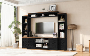 English Elm U-can Farmhouse Wall Unit with Barn Doors Built-in Power Outlets and Open Shelving Black+Brown SJ000154AAB