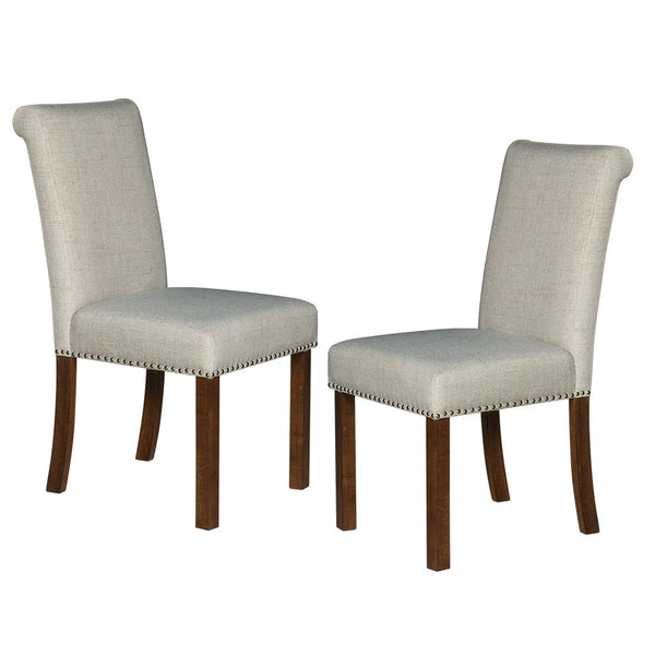 English Elm Upholstered Beige Dining Chairs Set of 2 with Silver Nailhead Trim, Rollback Design & Walnut Legs B035P265991