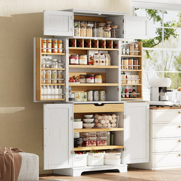 English Elm K&k Farmhouse Pantry Cabinet Tall Freestanding Kitchen Storage with Drawers Shelves White N707P356567W