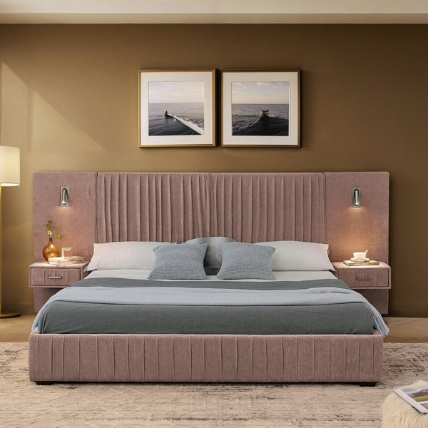 English Elm Queen Upholstered Bed Frame With Chenille Fabric, Pleated Headboard & Built-In Nightstand - Pink W487S00399-GIGA