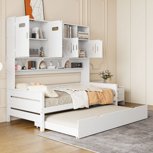 English Elm Twin Size Daybed With Trundle & Integrated Storage Shelf - Modern White Design For Kids & Teens N820S00026K-GIGA
