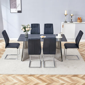 English Elm Table Set With Black Marble Top & Stainless Steel Legs – 6 Pu Chairs For Elegant Dining Spaces W1151S01960-GIGA
