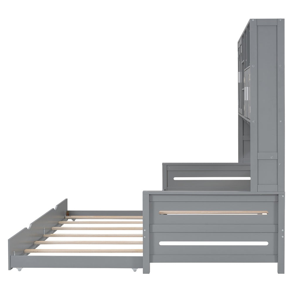 English Elm Twin Size Wooden Daybed With Trundle, Integrated Storage Cabinet & Shelves For Kids' Rooms, Gray N820S00026E-GIGA