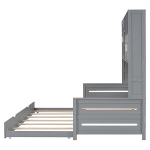 English Elm Twin Size Wooden Daybed With Trundle, Integrated Storage Cabinet & Shelves For Kids' Rooms, Gray N820S00026E-GIGA