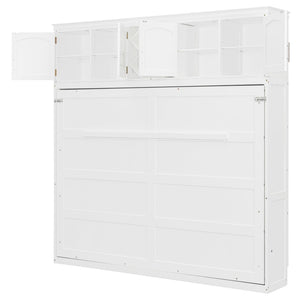 English Elm Queen Murphy Wall Bed with Storage Cabinets and Wine Rack for Small Space Living White LP000879AAK-1