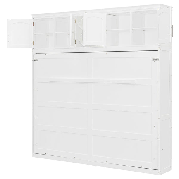 English Elm Queen Murphy Wall Bed with Storage Cabinets and Wine Rack for Small Space Living White LP000879AAK-1