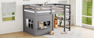 English Elm Twin Loft Bed House Frame with Sliding Chalkboard Built-in Bookshelf and Safety Rails Gray W1580S00320