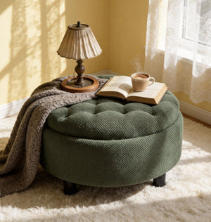 English Elm 25 Inch Round Fabric Pouf Ottoman with Removable Wooden Lid and Hidden Interior Storage Dark Green W5568P461364