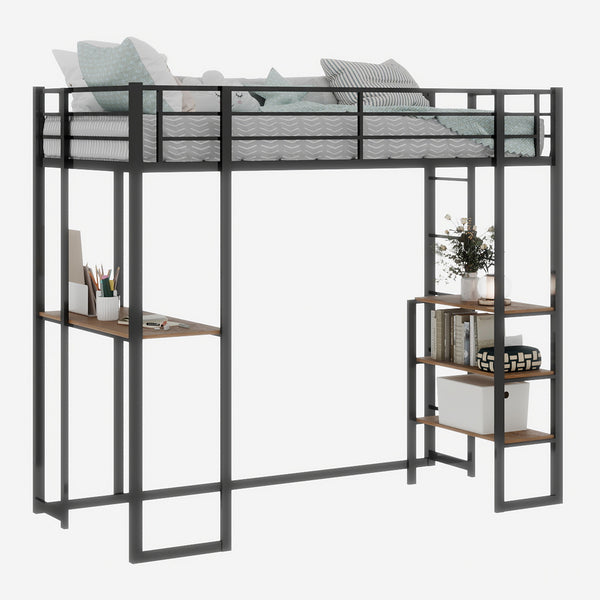 English Elm Iron framed bunk bed with L-shaped study desk and dual-side stairs, space-saving durable design Black W1935P330795