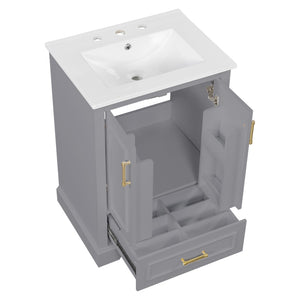 English Elm 24"bathroom Vanity Freestanding Gray Mdf Ceramic Sink Soft Close Storage Cabinet N729P321378E