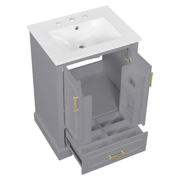 English Elm 24"bathroom Vanity Freestanding Gray Mdf Ceramic Sink Soft Close Storage Cabinet N729P321378E