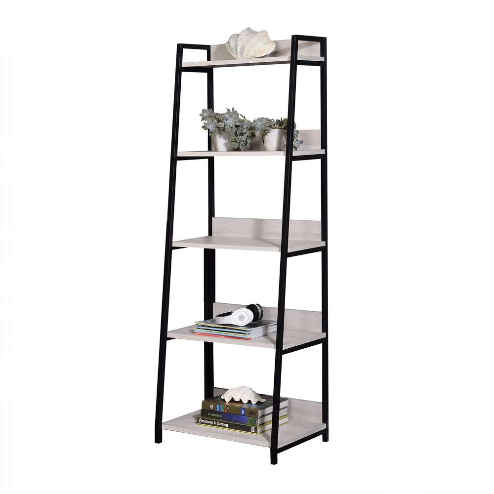 English Elm Wendral Leaning Ladder Bookshelf 24"W – 5 Open Wooden Shelves, Black Metal Frame, Natural Finish B2726P408076