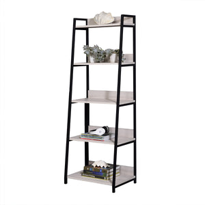 English Elm Wendral Leaning Ladder Bookshelf 24"W – 5 Open Wooden Shelves, Black Metal Frame, Natural Finish B2726P408076