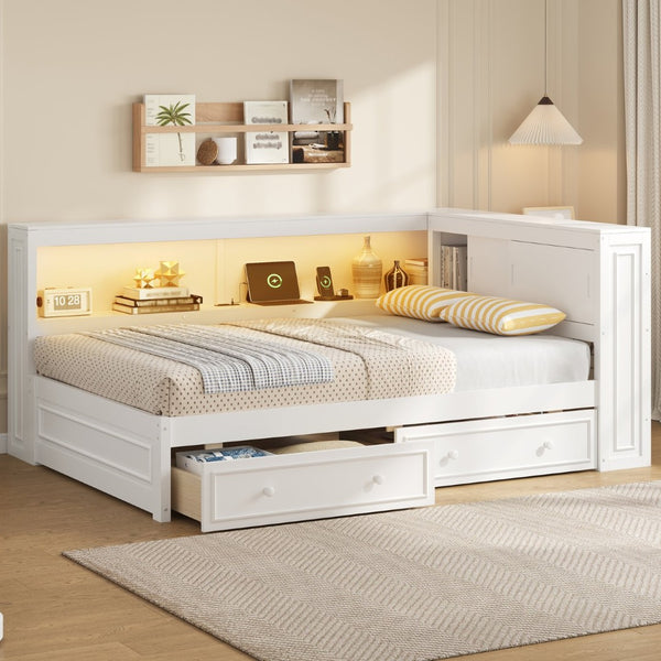 English Elm Full Pine Platform Daybed with Led Lighting Usb Charging Headboard Shelf and Drawers White N7090004032K