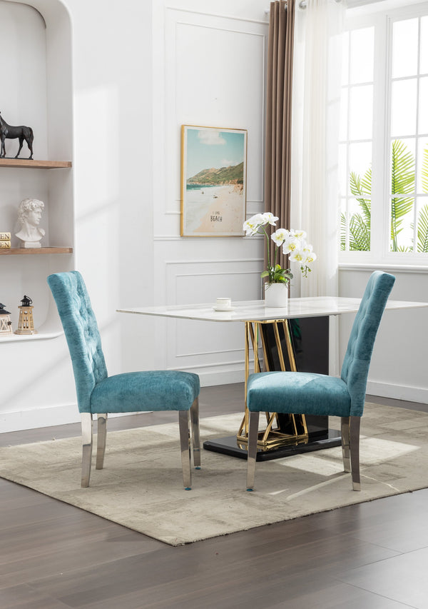 English Elm Set of 2 Modern Dining Chairs Plush Chenille Upholstery with Button-Tufting, S-Springs & Stainless Steel Legs Lake Blue D772095823