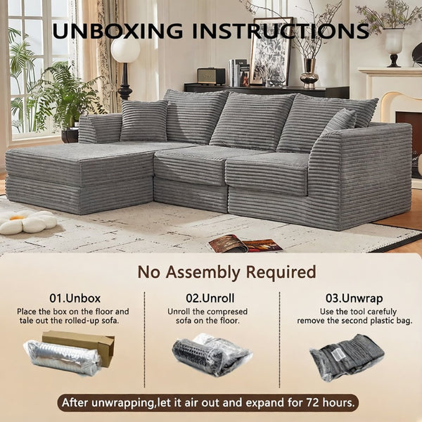 English Elm 102" Modular Cloud Sectional Corduroy Sofa with Reversible Chaise for Living Room Grey W5638S00004