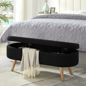 English Elm Luxury Boucle Oval Ottoman Bench with Hidden Storage Rubberwood Legs Entryway Seat Black W2186P430719