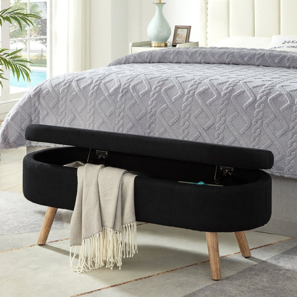 English Elm Luxury Boucle Oval Ottoman Bench with Hidden Storage Rubberwood Legs Entryway Seat Black W2186P430719