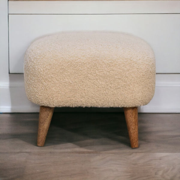 English Elm Solid Wood Boucle Cream Square Footstool – Modern Nordic Accent, Handwoven Cotton Comfort & Style B182P279312-GIGA