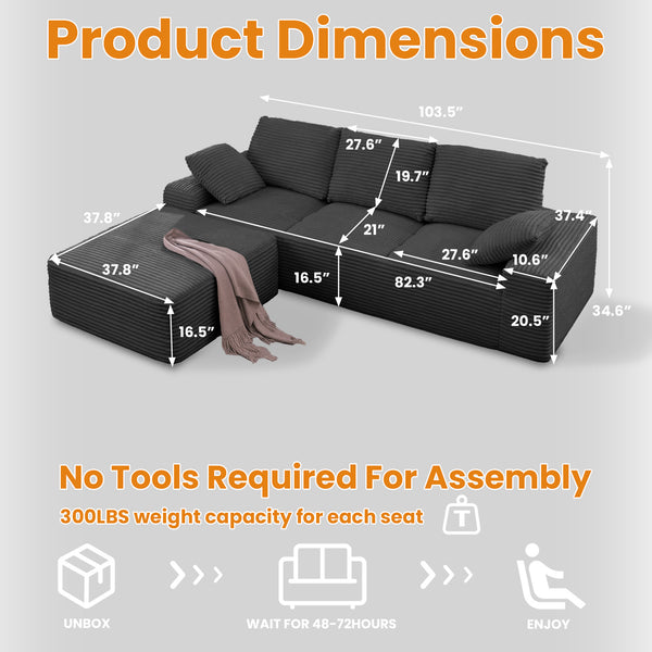 English Elm 103.5" Cloud Sectional Couch with L-Shape Chaise - No Assembly Modular Sofa, Plush Corduroy, Deep Seat Comfort Black T3801S00006