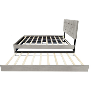 English Elm Gray Velvet Queen Platform Bed with Gold Tufted Headboard Trundle and Storage Drawers W1867S00023