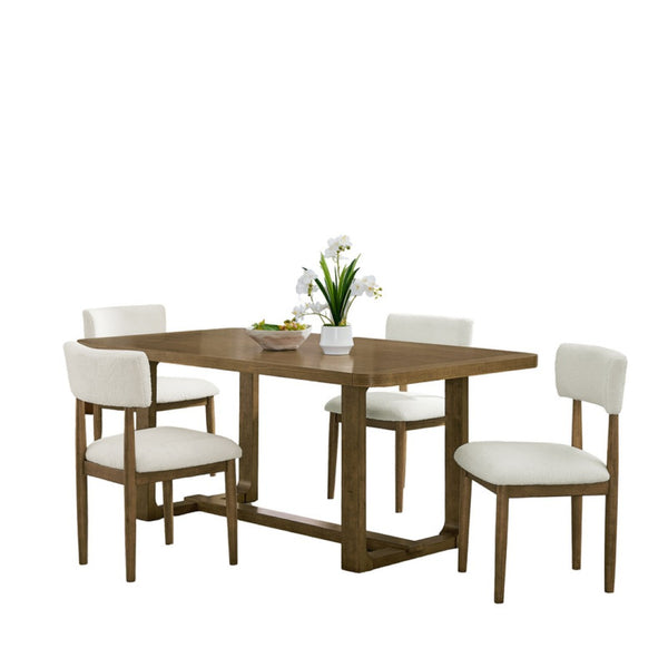 English Elm Dafne 5 Piece Rectangular Walnut Oak Dining Set with Plush Sherpa Upholstered Chairs B2749S00317
