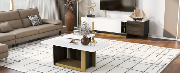 English Elm VIBE Light Luxury TV Cabinet and Coffee Table Set with Gold Accents, MDF & Metal, Spacious Storage White SJ000149AAK