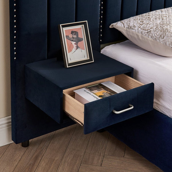 English Elm Queen Velvet Platform Bed with Tufted Headboard Integrated Nightstands and Striped Design Dark Blue W487S00442