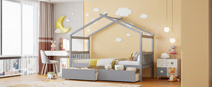 English Elm Twin House Bed Solid Pine Kids Cottage Frame with Storage Drawers Imaginative Room Gray N708P309245E