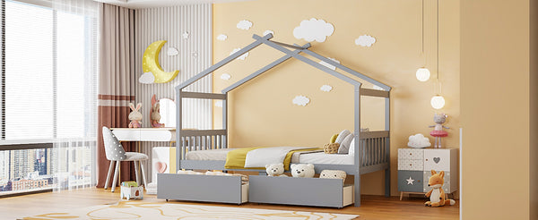 English Elm Twin House Bed Solid Pine Kids Cottage Frame with Storage Drawers Imaginative Room Gray N708P309245E