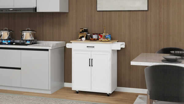 English Elm Kitchen island rolling trolley cart with drawer, doors, adjustable shelves, towel & spice rack, white - durable UV finish, 80 lb load capacity, easy assembly W282P163314