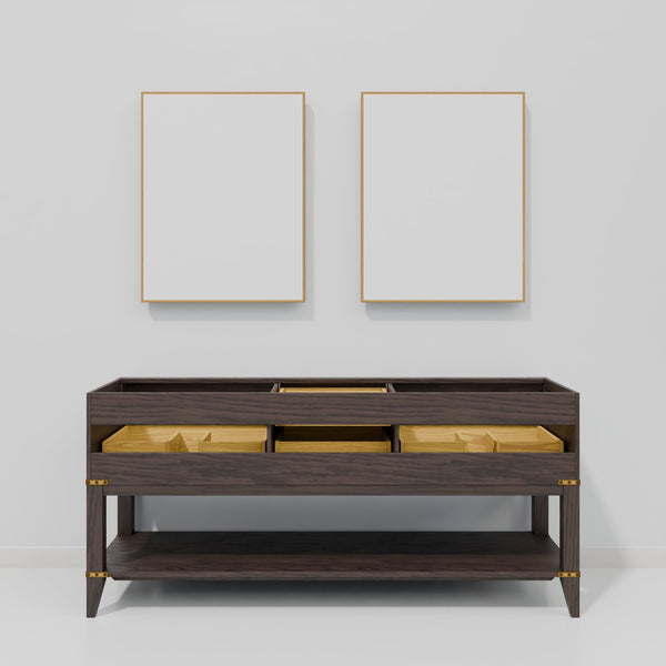 English Elm Brown Oak Double Bath Vanity With Carrara Marble Top, Chrome Faucets & 34" Mirrors - Luxurious Design B2731S01896