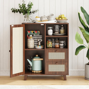 English Elm Rattan Cane Front Sideboard with Drawers Adjustable Shelf Bohemian Storage Cabinet Walnut T3623P434733
