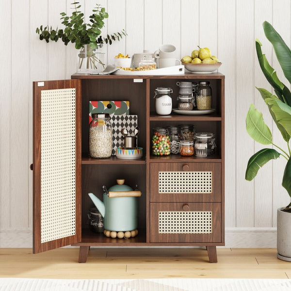 English Elm Rattan Cane Front Sideboard with Drawers Adjustable Shelf Bohemian Storage Cabinet Walnut T3623P434733