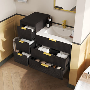 English Elm 24inch Bathroom Vanity with Sink - Wall-Mounted Floating Combo with Ceramic Basin, Modern L-Handle Design Black N710S324097B