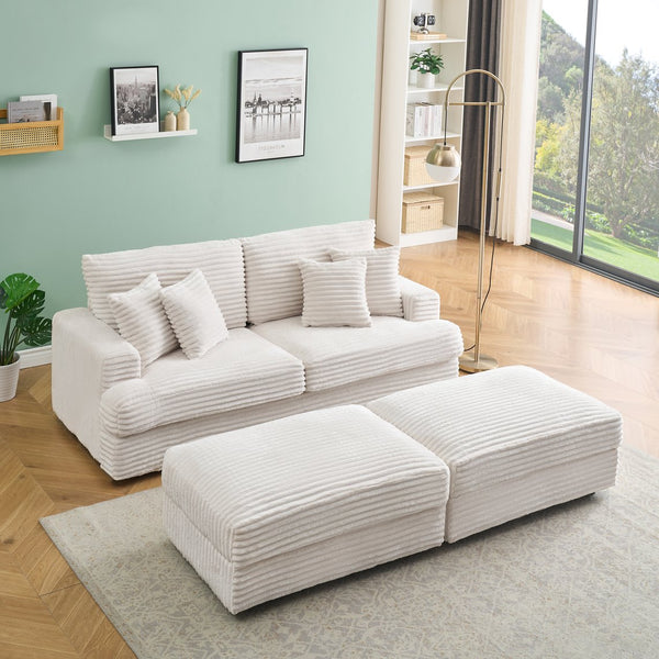 English Elm 82-Inch Beige Corduroy Sofa With 2 Storage Footrests & 4 Pillows - Perfect For Stylish Living Spaces! W1658S00116