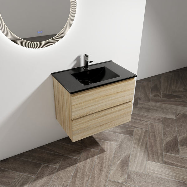 English Elm 30" Wall-Mounted Bathroom Vanity With Black Sink, Soft-Close Drawers, Modern Space-Saving Design W999S00194