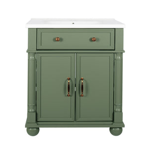 English Elm 27.8" Mid-century Freestanding Bathroom Vanity with Ceramic Sink Drawer and Wood Base Green W1801S00007