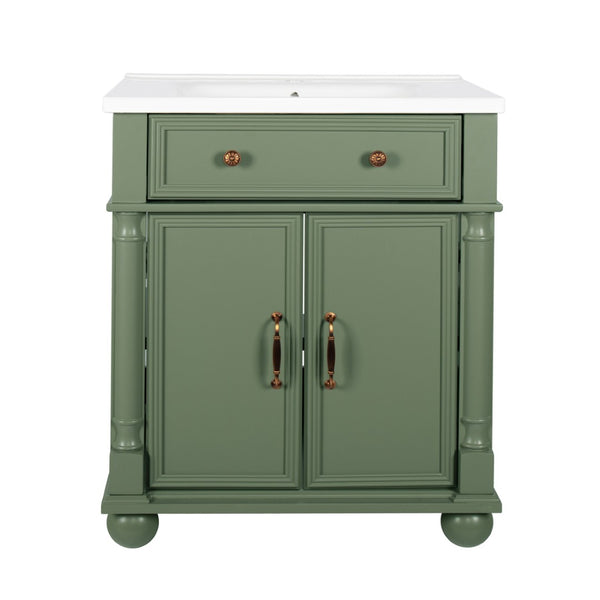 English Elm 27.8" Mid-century Freestanding Bathroom Vanity with Ceramic Sink Drawer and Wood Base Green W1801S00007