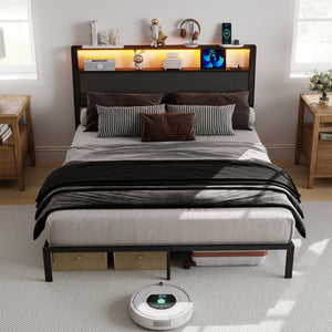 English Elm Queen Metal Platform Bed with Rgb Led Headboard Charging Station and Underbed Storage Dark Grey T3963P483958